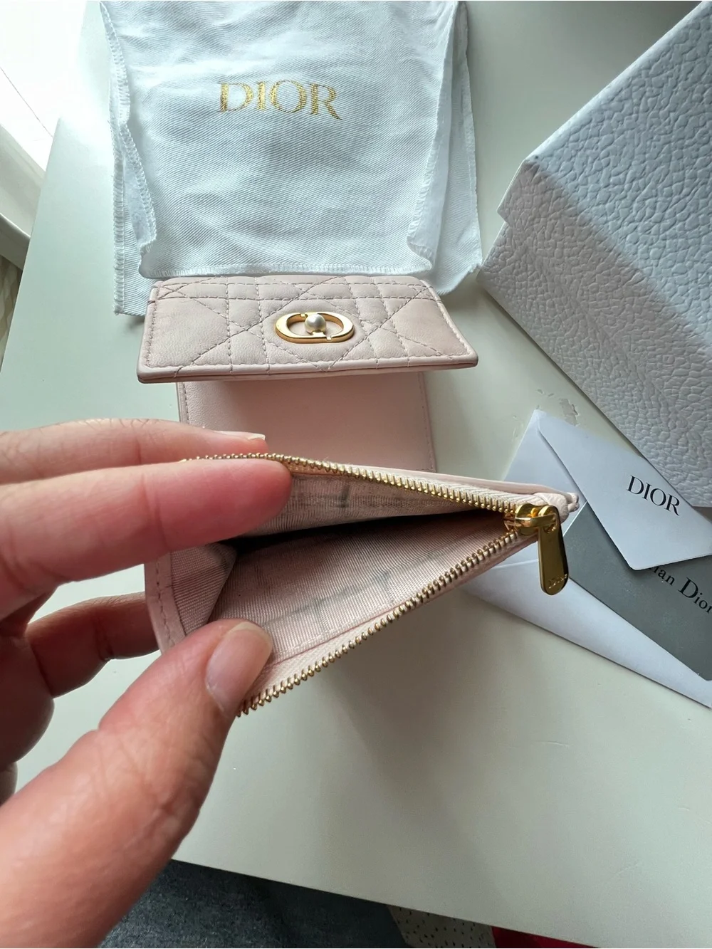 Dior Light Pink Quilted Leather Card Wallet with Gold Hardware
